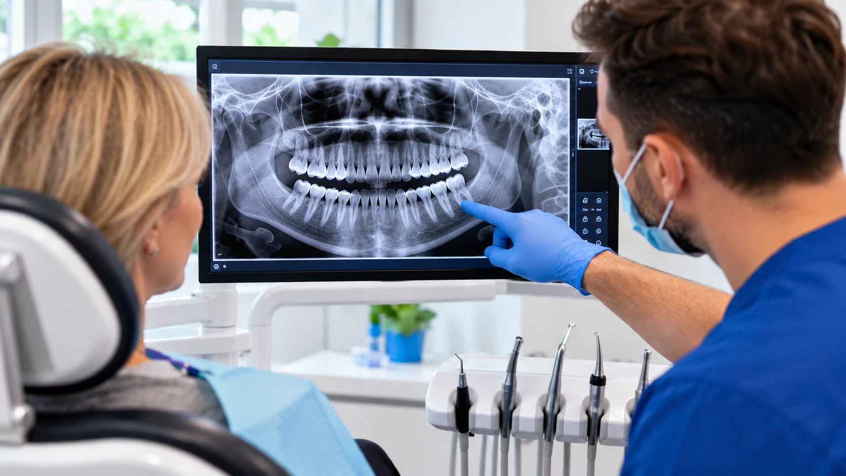Dentist and patient reviewing dental imaging together during a treatment-planning consultation.