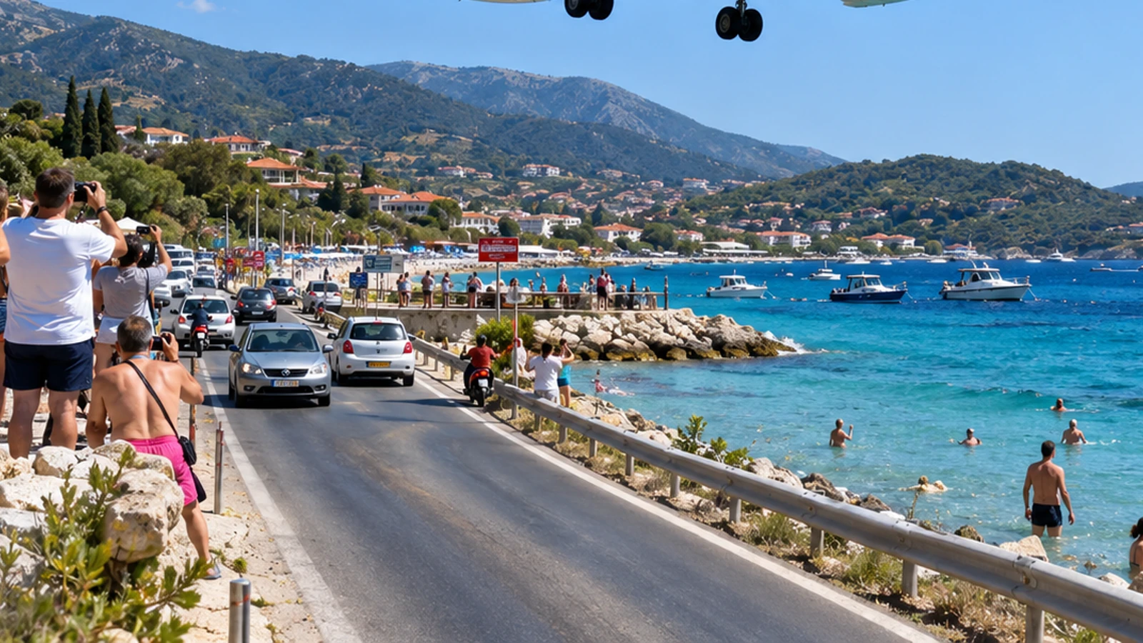 Antalya coastal travel setting with the Mediterranean, mountains, road and visitors, representing the travel context of dental treatment abroad.