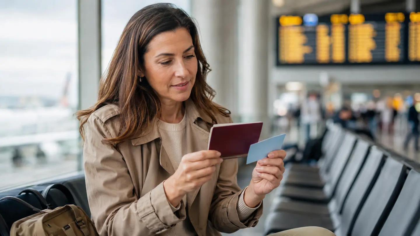 A traveller at an airport comparing a passport with a generic health card
