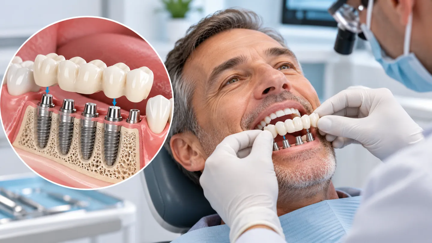 Dentist fitting an implant-supported bridge, with a clinical cutaway showing multiple implants supporting the restoration.