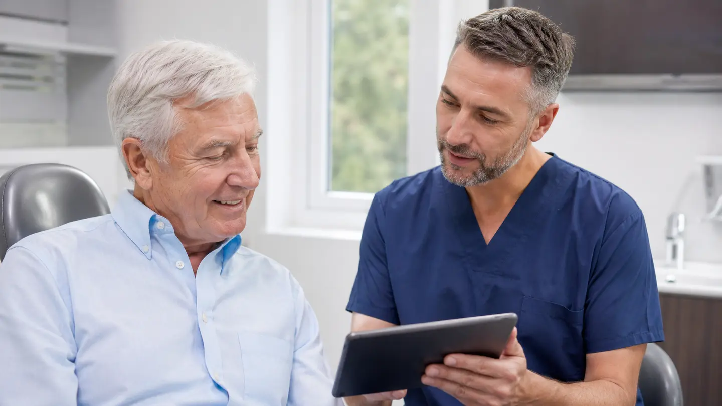 An older man reviewing an implant maintenance plan with a dental professional