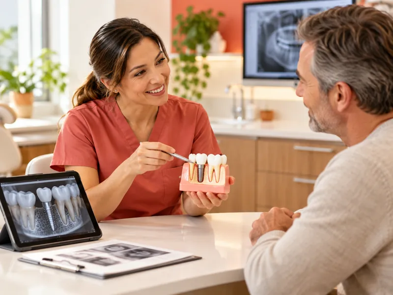 A dentist explaining a dental implant model to a patient in a modern clinic.