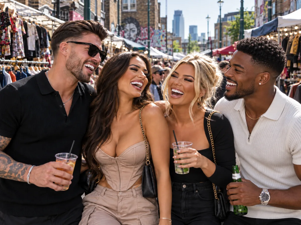Four friends laughing together at a street market.